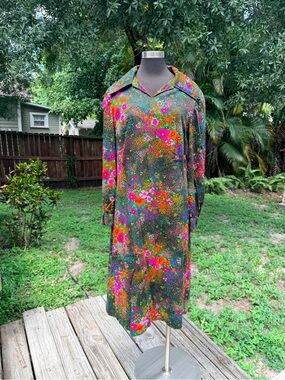 Vintage 60s Handmade VHY Hawaiian Textile Barkcloth Floral Dress